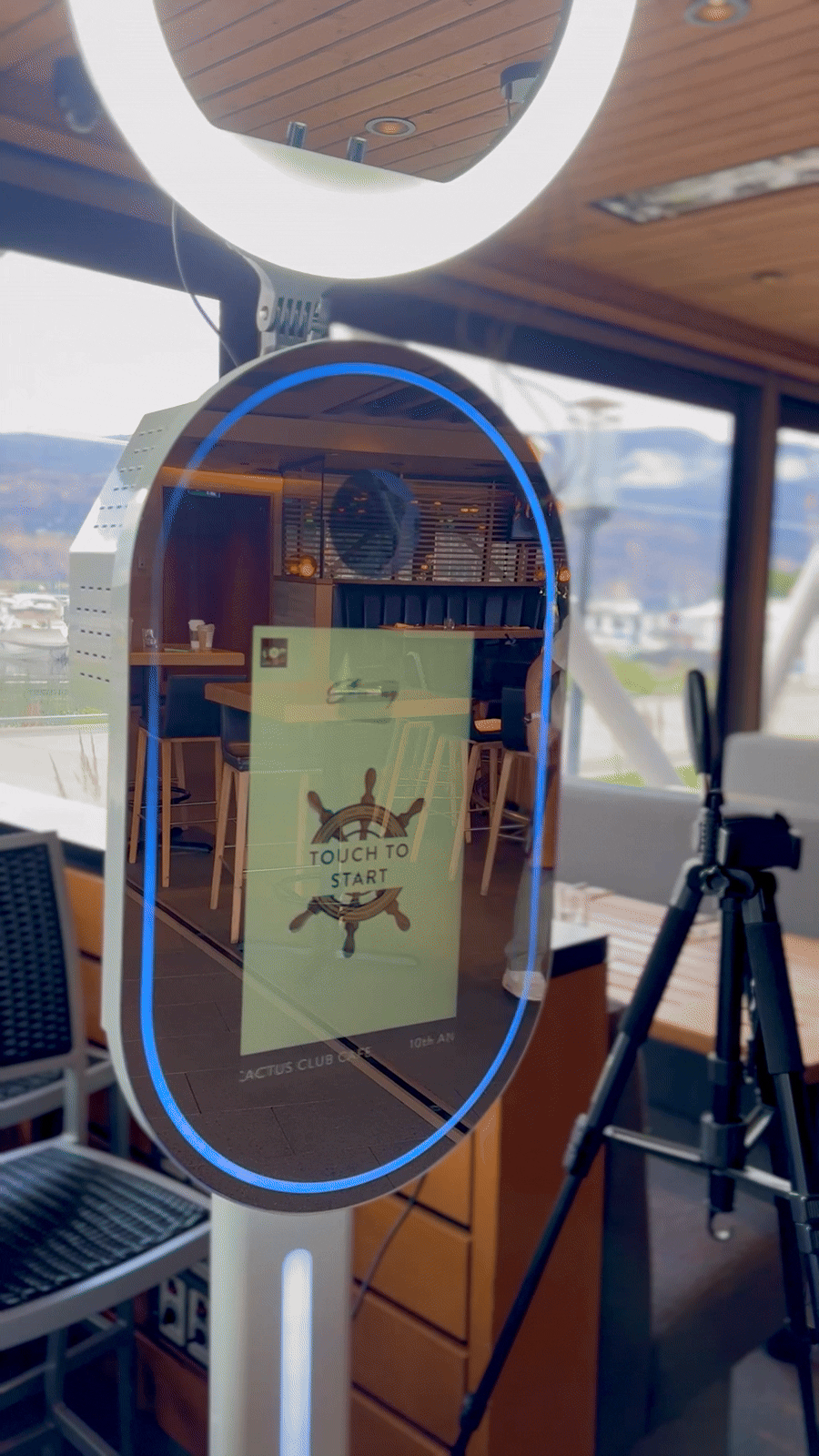 A short animated GIF showing a personalized welcome screen on a photo booth, customized for an event.